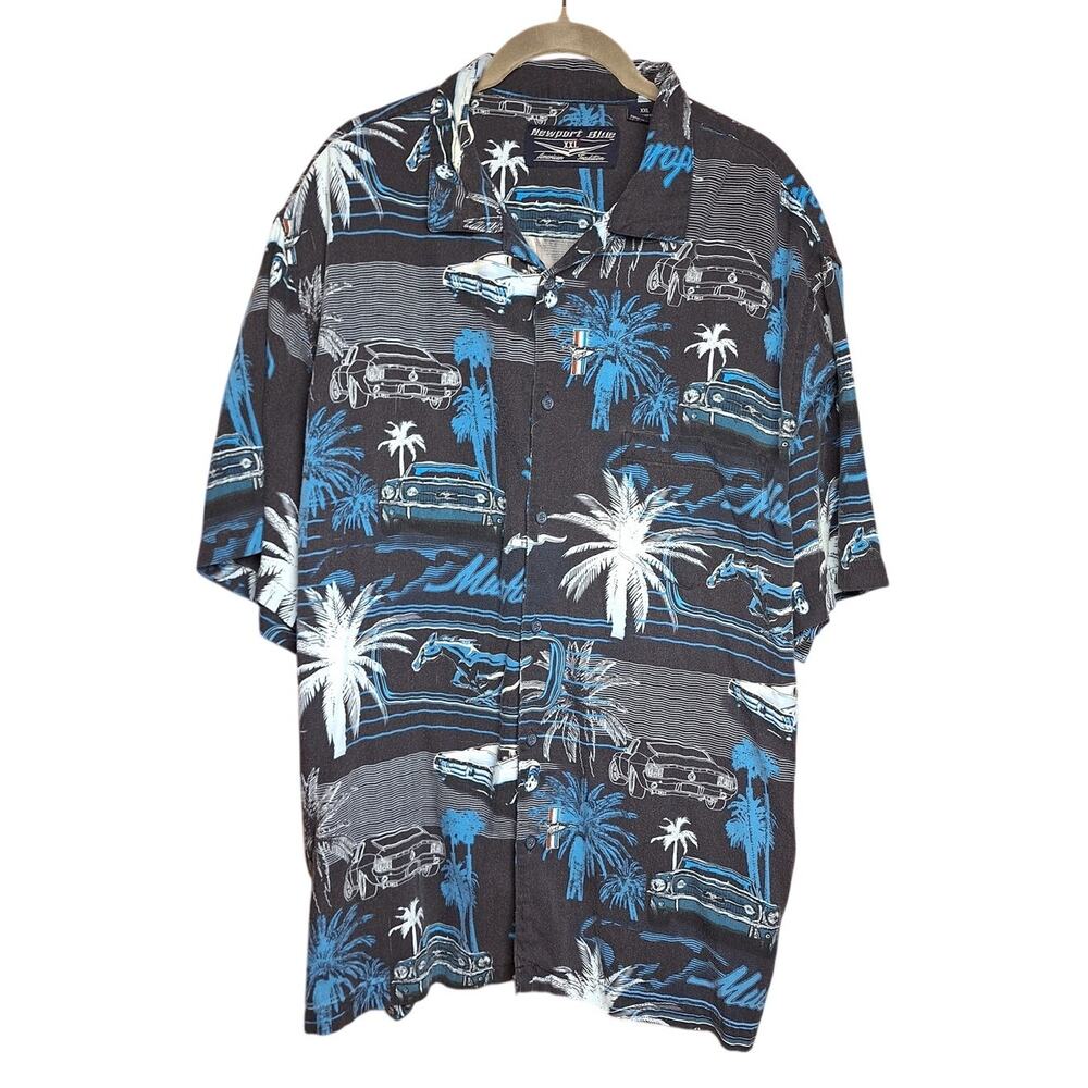 New port blue mens XXL vintage mustang print hawaiian shirt button down casual